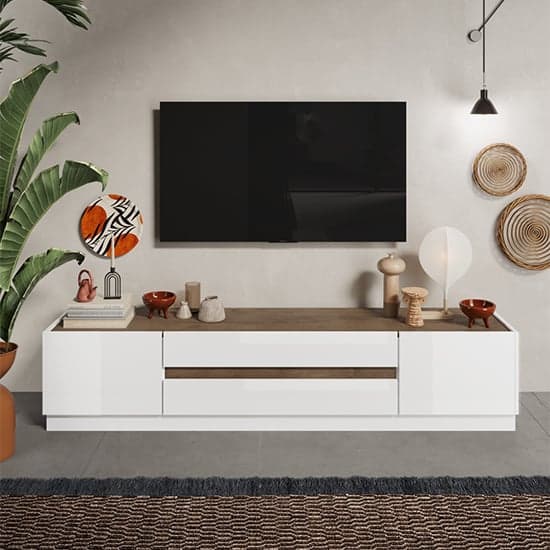 Flores High Gloss TV Stand 2 Doors 2 Drawers In White Dark Oak_1