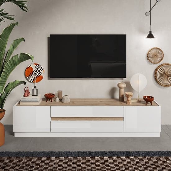 Flores High Gloss TV Stand 2 Doors 2 Drawers In White Light Oak_1