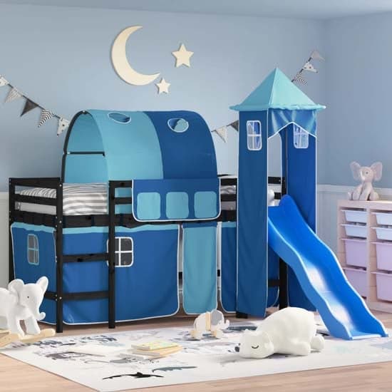 Forli Pinewood Kids Loft Bed In Black With Blue Tower Tent_1