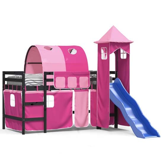 Forli Pinewood Kids Loft Bed In Black With Pink Tower Tent_2