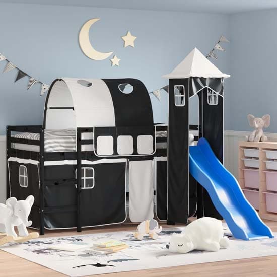 Forli Pinewood Kids Loft Bed In Black With White Black Tower Tent_1
