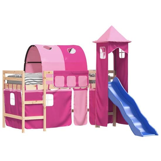 Forli Pinewood Kids Loft Bed In Natural With Pink Tower Tent_3