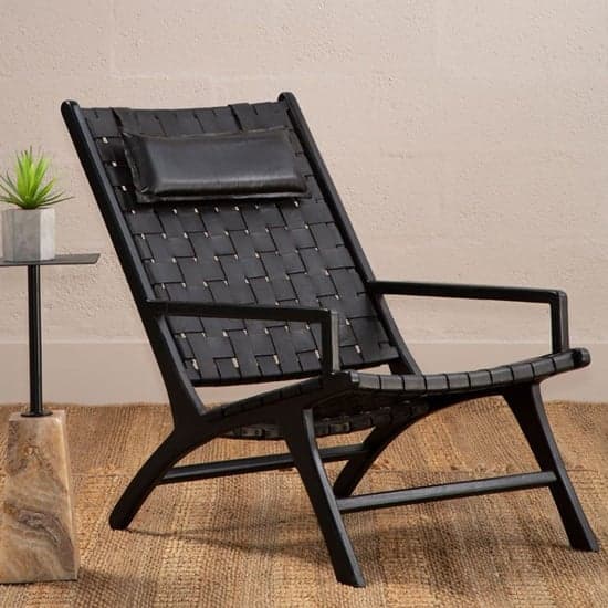 Formosa Black Leather Woven Accent Chair With Wooden Frame_3