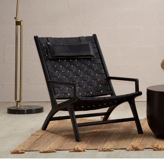 Formosa Black Leather Woven Accent Chair With Wooden Frame