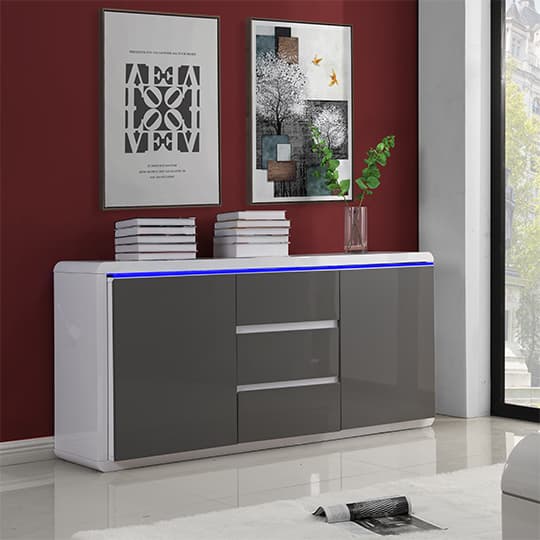 Frame Large High Gloss Sideboard In White And Grey With LED
