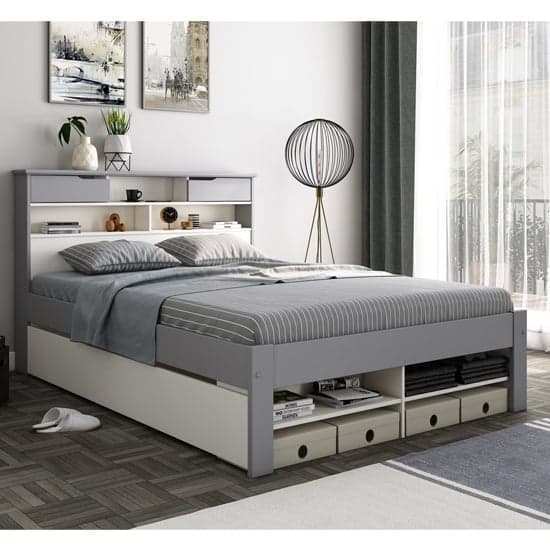Frisco Wooden Double Bed With Shelves In Grey And White_1