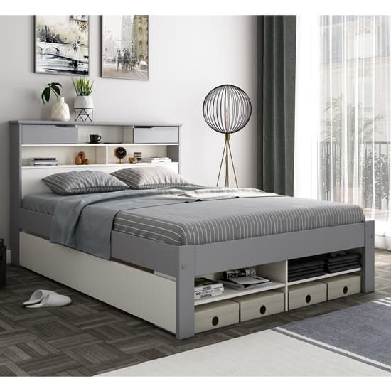 Frisco Wooden King Size Bed With Shelves In Grey And White_1