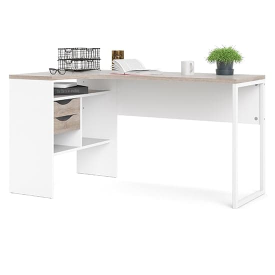 Frosk Corner Computer Desk 2 Drawers In White And Truffle Oak_2