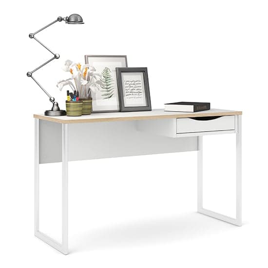 Frosk Wide Wooden Computer Desk In White With Oak Trim_2