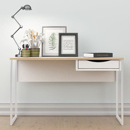 Frosk Wide Wooden Computer Desk In White With Oak Trim_1