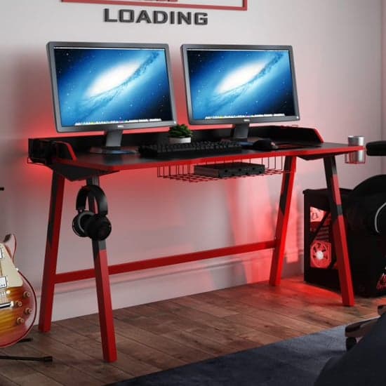 Farningham Wooden Gaming Desk In Black And Red Steel Frame_2