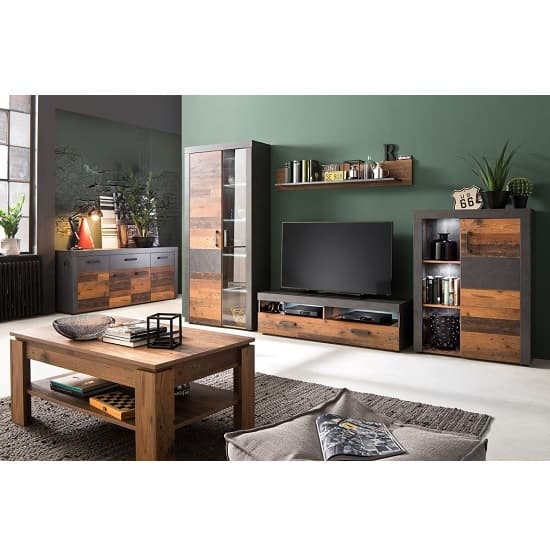 Saige TV Stand And Wall Shelf In Old Wood Graphite Grey With LED_2