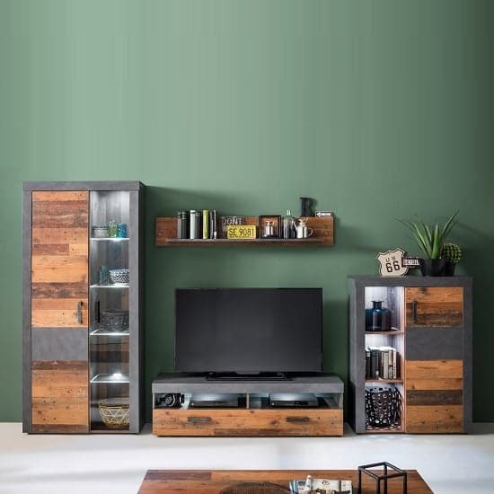 Saige TV Stand And Wall Shelf In Old Wood Graphite Grey With LED_3