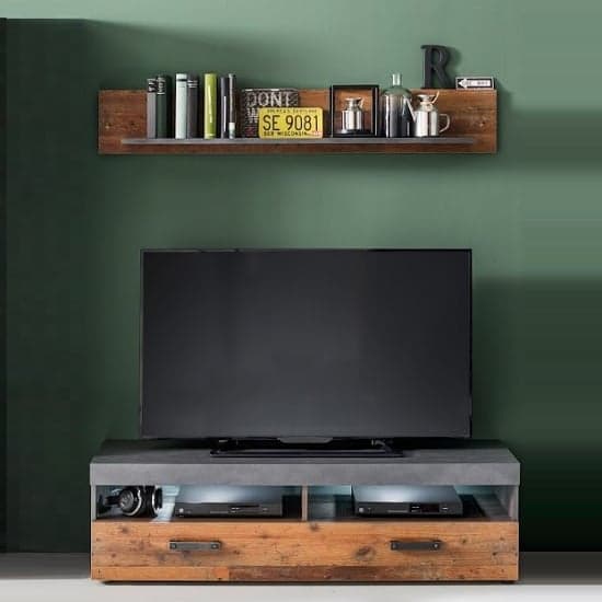 Saige TV Stand And Wall Shelf In Old Wood Graphite Grey With LED