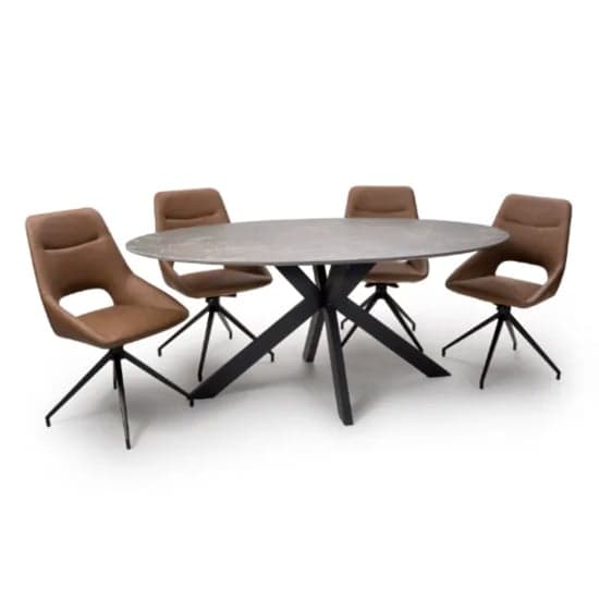 Gabri Brown Dining Table Oval With 6 Aara Tan Chairs_2