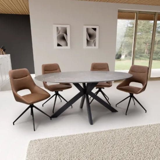Gabri Brown Dining Table Oval With 6 Aara Tan Chairs_1