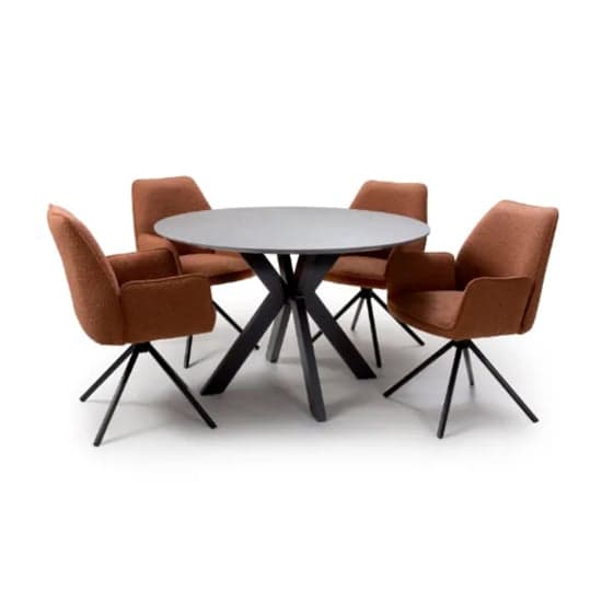 Gabri Brown Dining Table Round With 4 Utica Rust Boucle Chairs_1