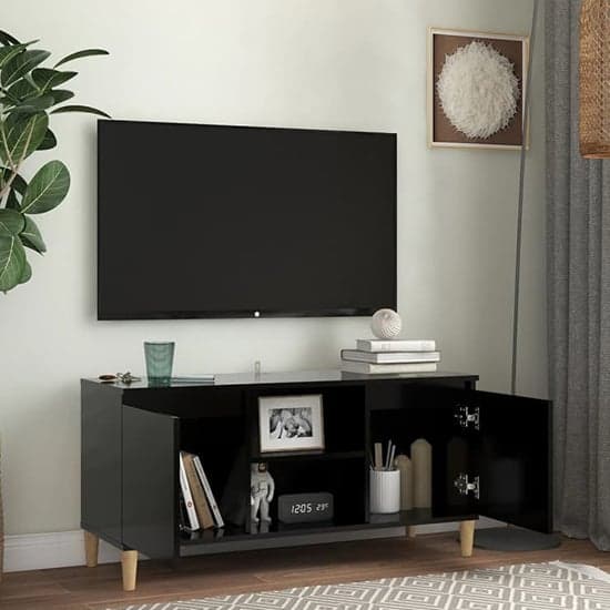 Gafna Wooden TV Stand In Black With Solid Wood Legs_2