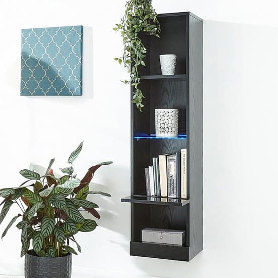 Goole LED Wall Mounted Tall Wooden Shelving Unit In Black Gloss_2