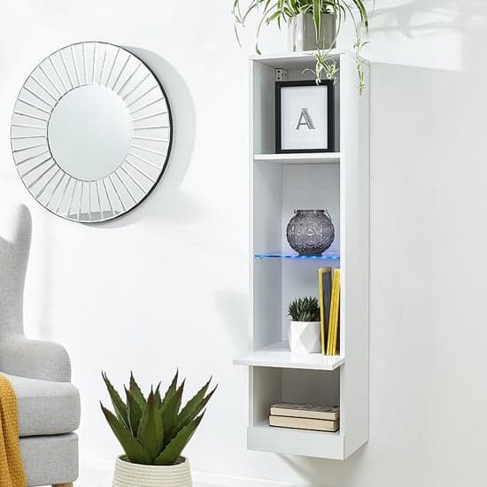 Goole LED Wall Mounted Tall Wooden Shelving Unit In White Gloss_2