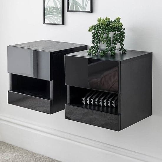 Garve LED Black High Gloss Floating Bedside Cabinets In Pair_2
