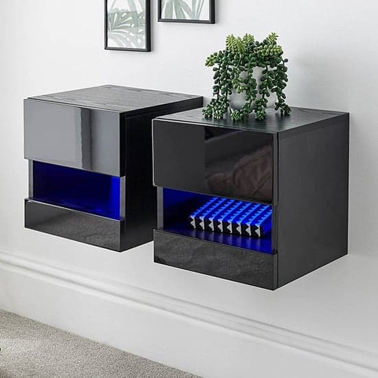 Garve LED Black High Gloss Floating Bedside Cabinets In Pair_1