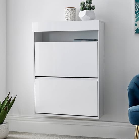 Garve LED High Gloss Floating Shoe Storage In White Furniture