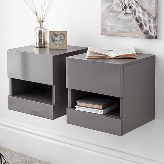 Garve LED Grey High Gloss Floating Bedside Cabinets In Pair_2