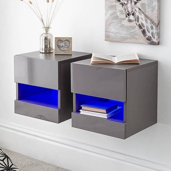 Garve LED Grey High Gloss Floating Bedside Cabinets In Pair_1