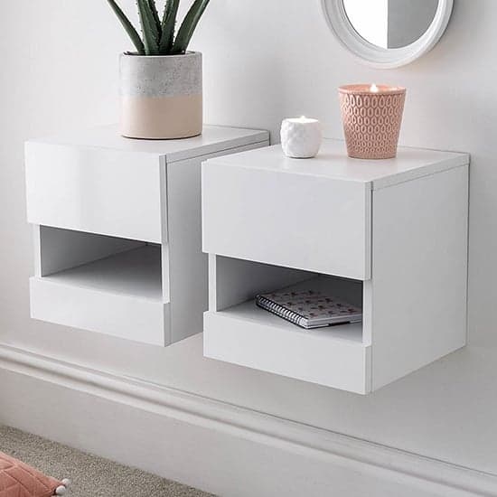 Garve LED White High Gloss Floating Bedside Cabinets In Pair_2