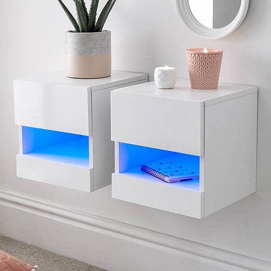 Garve LED White High Gloss Floating Bedside Cabinets In Pair_1