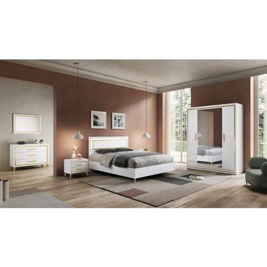 Geneva High Gloss King Size Bed In White And Gold With LED_2