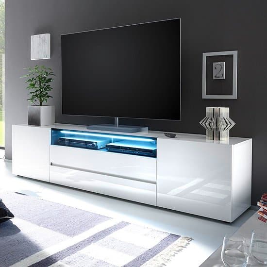 Genie Wide High Gloss TV Stand In White With LED Lighting Furniture