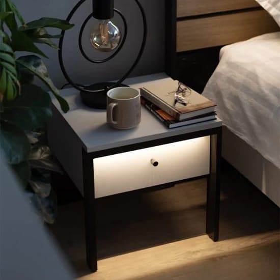 Genoa Wooden Bedside Cabinet With 1 Drawer In Grey And LED_2
