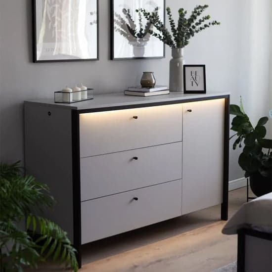 Genoa Wooden Sideboard With 1 Door 3 Drawers In Grey And LED_1