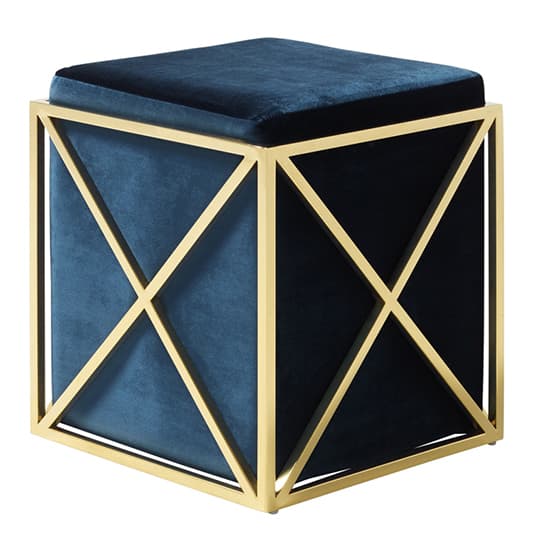 Geokin Velvet Accent Stool In Blue With Gold Frame_1