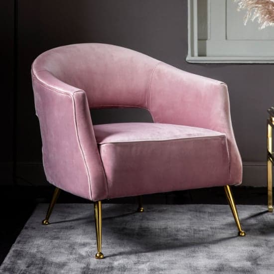 Gerania Velvet Arm Chair With Gold Metal Legs In Dusky Pink