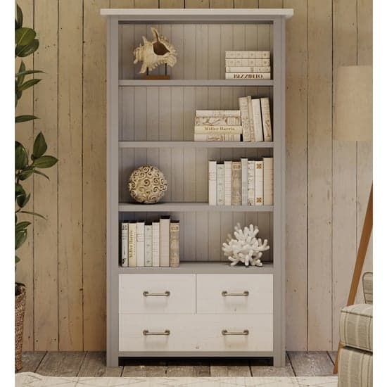 Gilford Wooden Large Open Bookcase With 3 Drawers In Grey_1