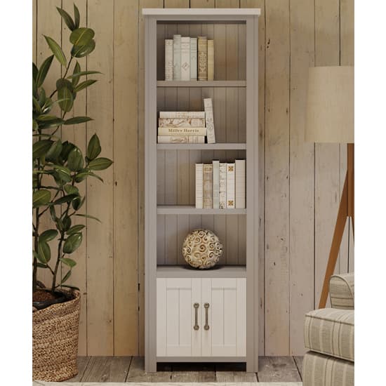 Gilford Wooden Open Bookcase Narrow With 2 Doors In Grey_1