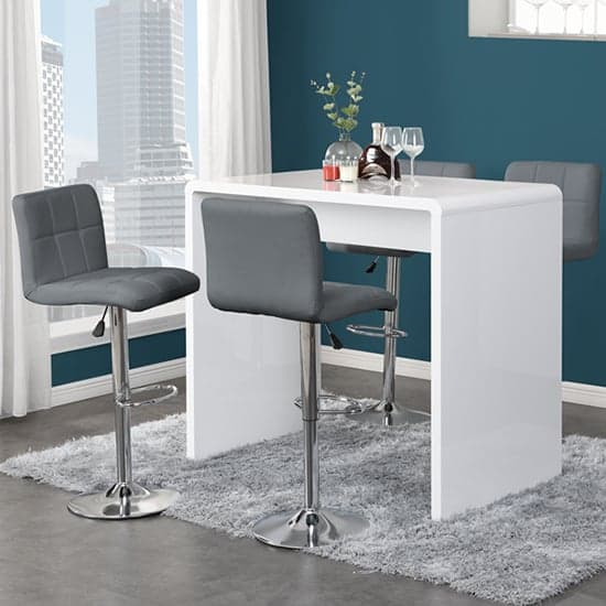 Glacier White High Gloss Bar Table With 4 Coco Grey Stools_1