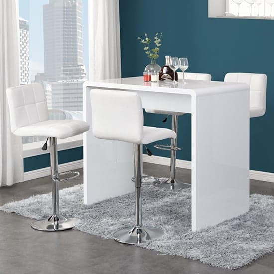 Glacier White High Gloss Bar Table With 4 Coco White Stools_1