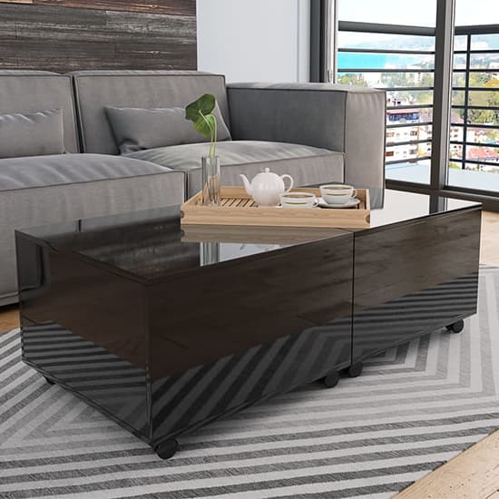 Glyn 120cm High Gloss Storage Coffee Table And Castors In Black Furniture in Fashion