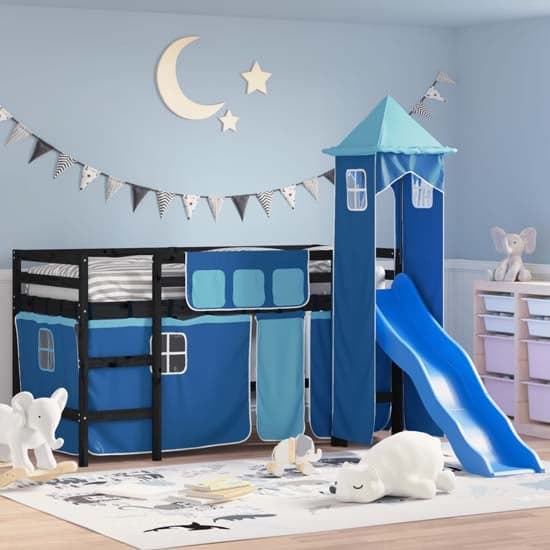 Gorizia Pinewood Kids Loft Bed In Black With Blue Tower_1