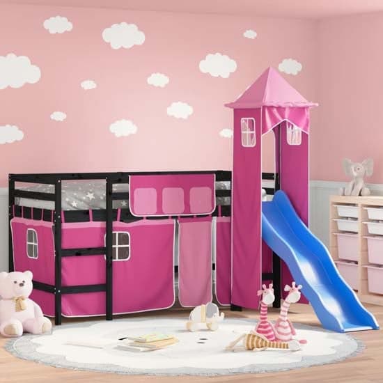 Gorizia Pinewood Kids Loft Bed In Black With Pink Tower_1