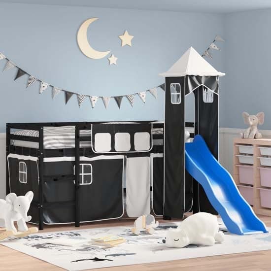 Gorizia Pinewood Kids Loft Bed In Black With White Black Tower_1