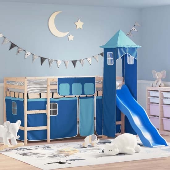 Gorizia Pinewood Kids Loft Bed In Natural With Blue Tower_1