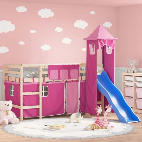 Gorizia Pinewood Kids Loft Bed In Natural With Pink Tower_1