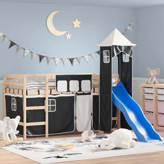 Gorizia Pinewood Kids Loft Bed In Natural With White Black Tower_1