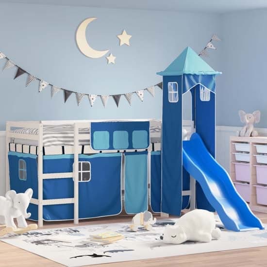 Gorizia Pinewood Kids Loft Bed In White With Blue Tower_1