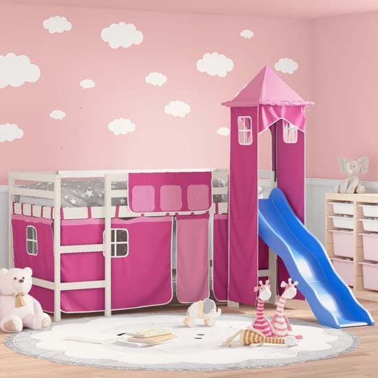 Gorizia Pinewood Kids Loft Bed In White With Pink Tower_1